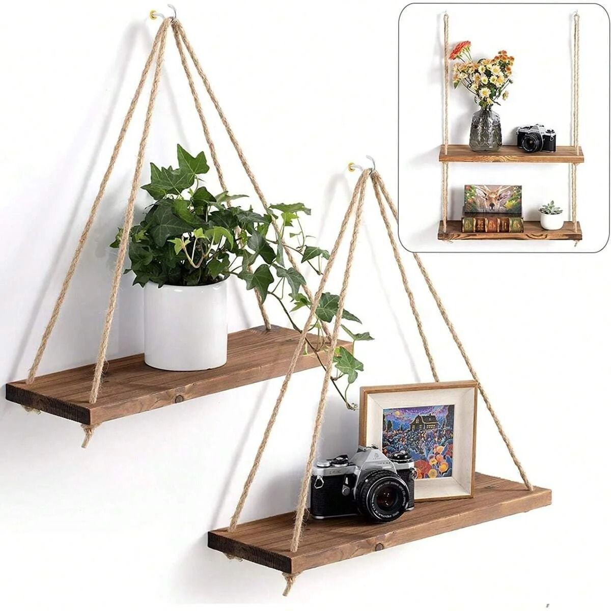 Floating Wooden Hanging Shelf – Wall-Mounted Rope Storage Rack for Plants & Home Decor