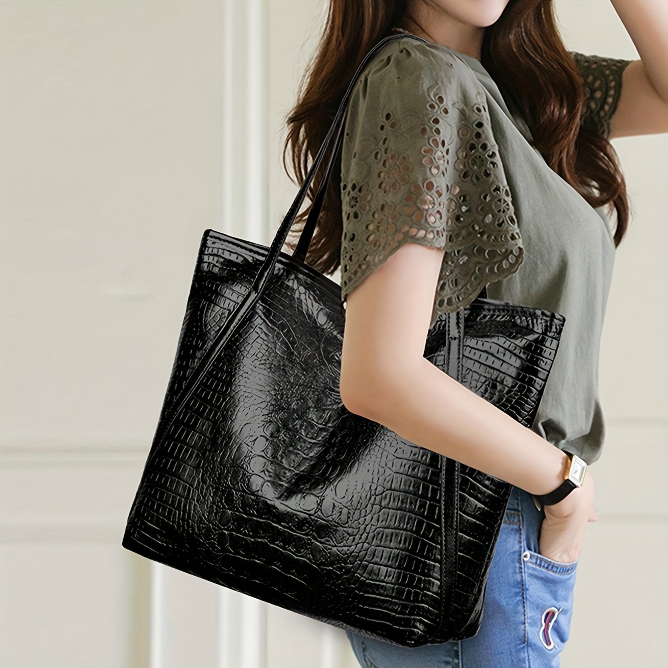 Retro Crocodile Pattern Women's Tote Bag, Stylish Handbag Shoulder Bag, Perfect for Work & Commuting