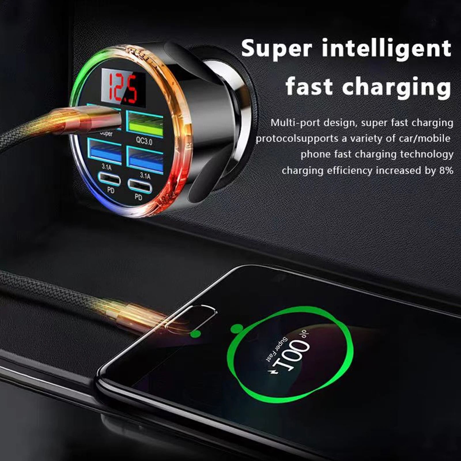 6 in 1 Dual PD USB C Super Fast Car Charger