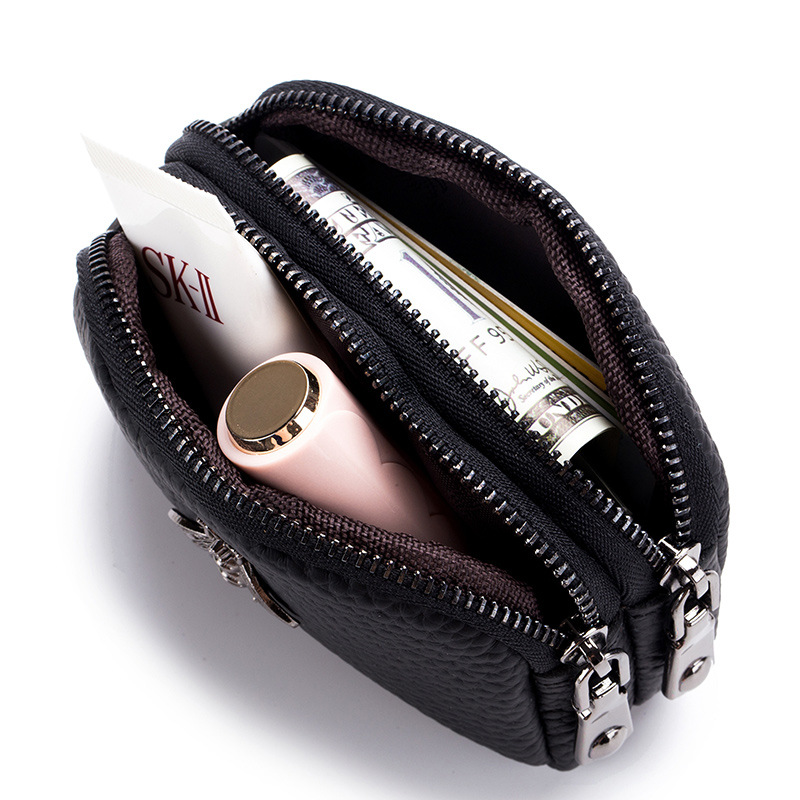 Genuine Leather Women Coin Purse with Double Zipper Compact Travel Organizer Mini Wallet