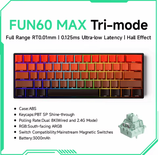 MONSGEEK FUN60 PRO & MAX HE Magnetic Switch 60% Wireless Gaming Keyboard with Rapid Trigger & 8K Polling