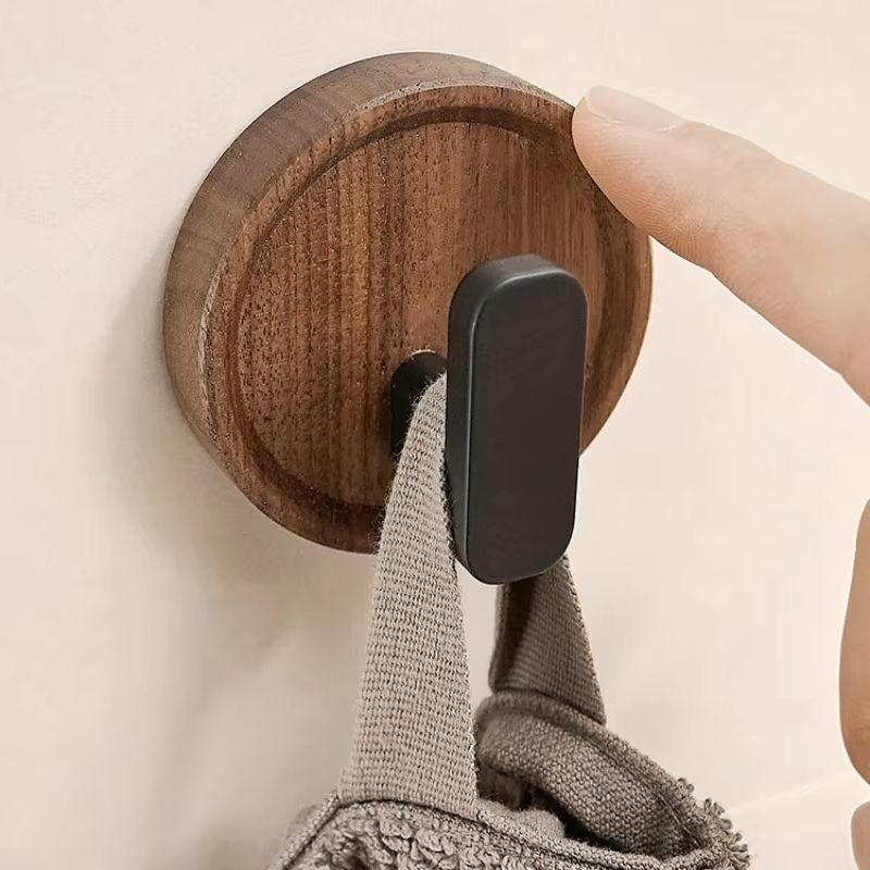 Punch-Free Walnut Wood Wall Hooks Circular Coat Key and Towel Hook Organizer for Bathroom Kitchen and Entryway