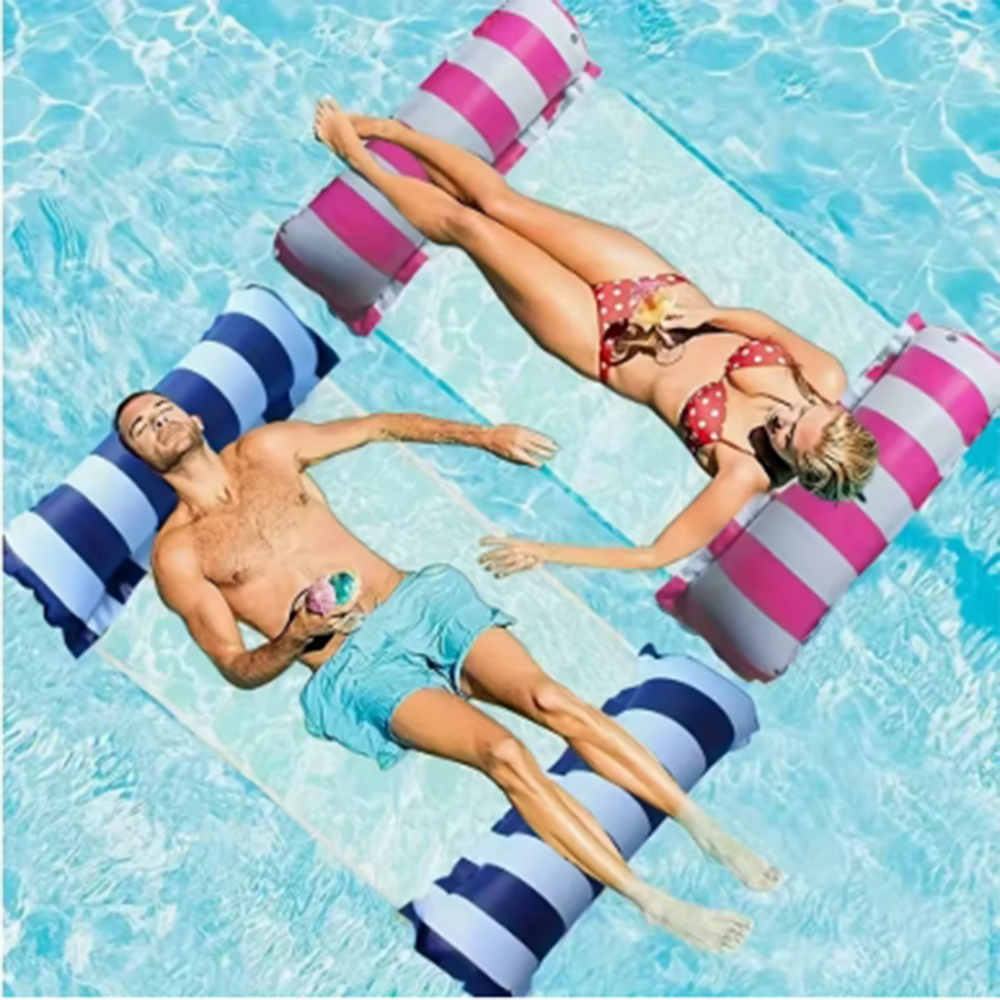 Striped Inflatable Pool Lounge Chair with Mesh Backrest for Beach and Pool