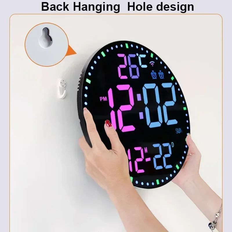 Smart WiFi Colorful LED Large Digital Wall Clock, Temperature Date Week Display, Dual Alarms, Remote Control, Home Decor