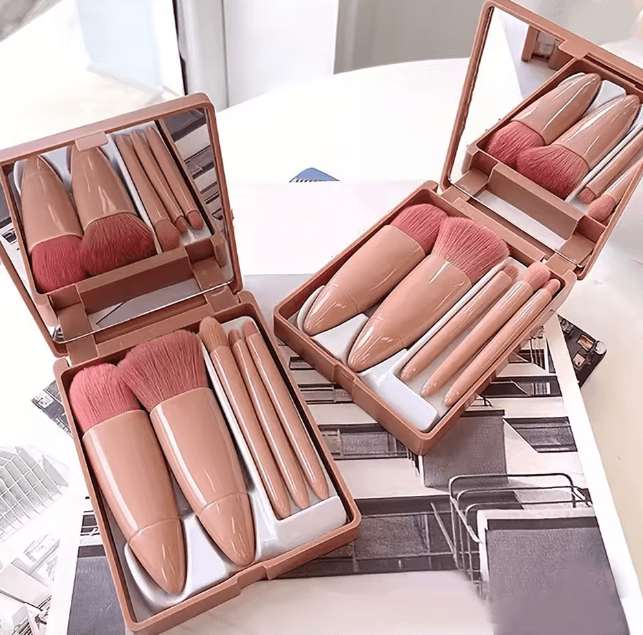 MirrorFold Mini Makeup Brush Set Travel Brush Kit with Mirror