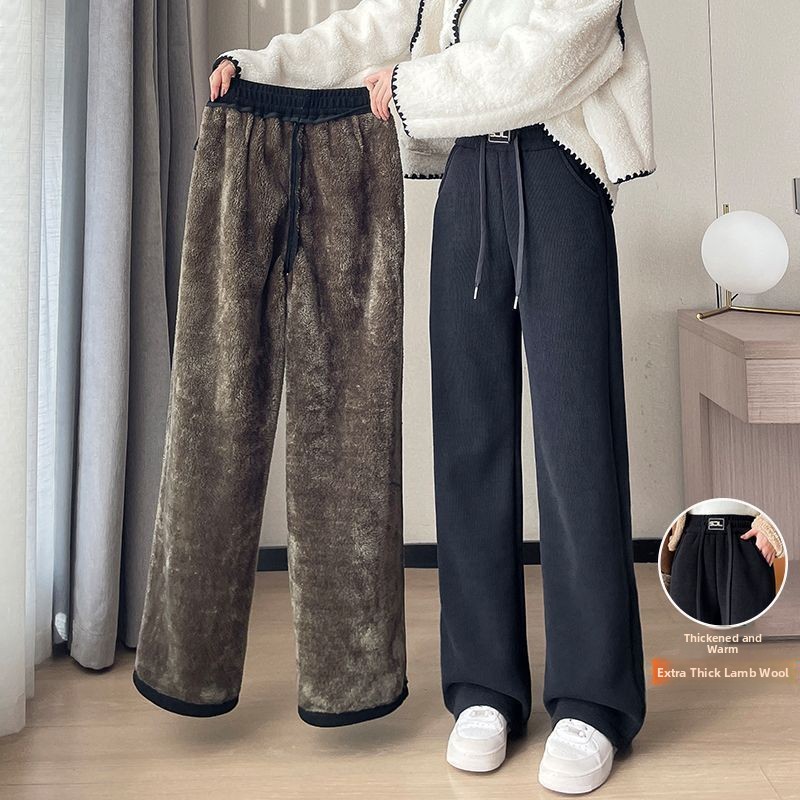 Women's Autumn Winter New Style, Thickened Fleece Wide Leg Pants, Casual Loose High Rise Straight Leg Trousers