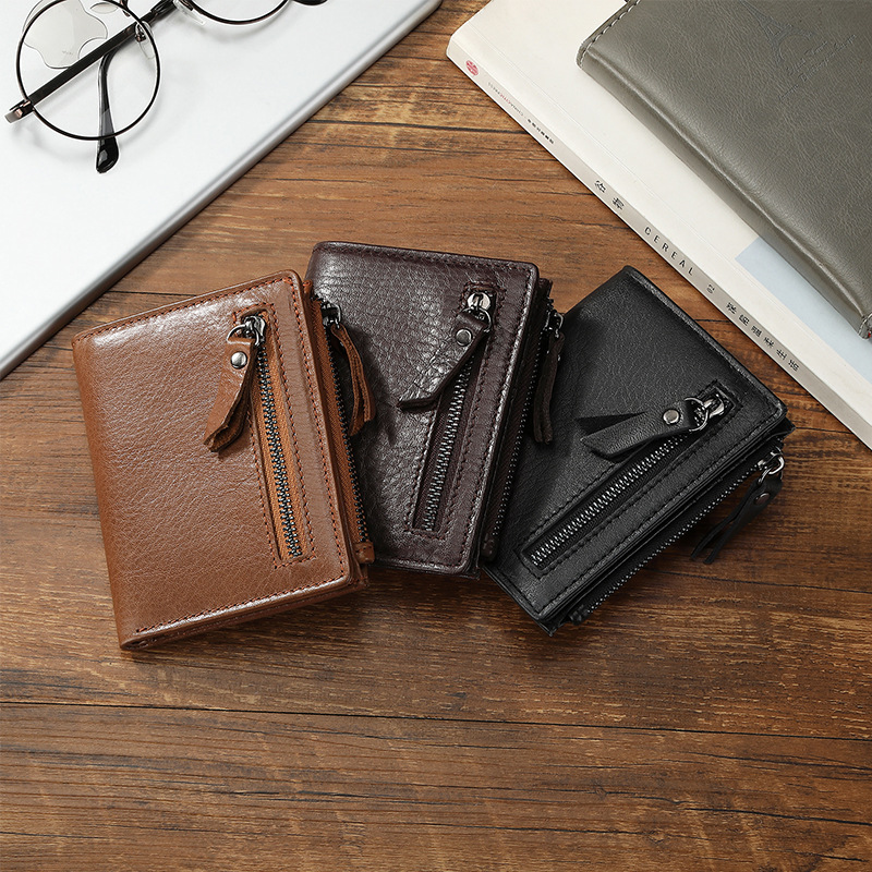 Men's Vintage RFID Genuine Cow Leather Wallet Zipper Closure