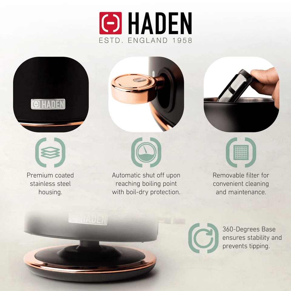 Haden Heritage Black & Copper Slice Toaster & Electric Kettle, Vintage-Inspired Stainless Steel Breakfast Set