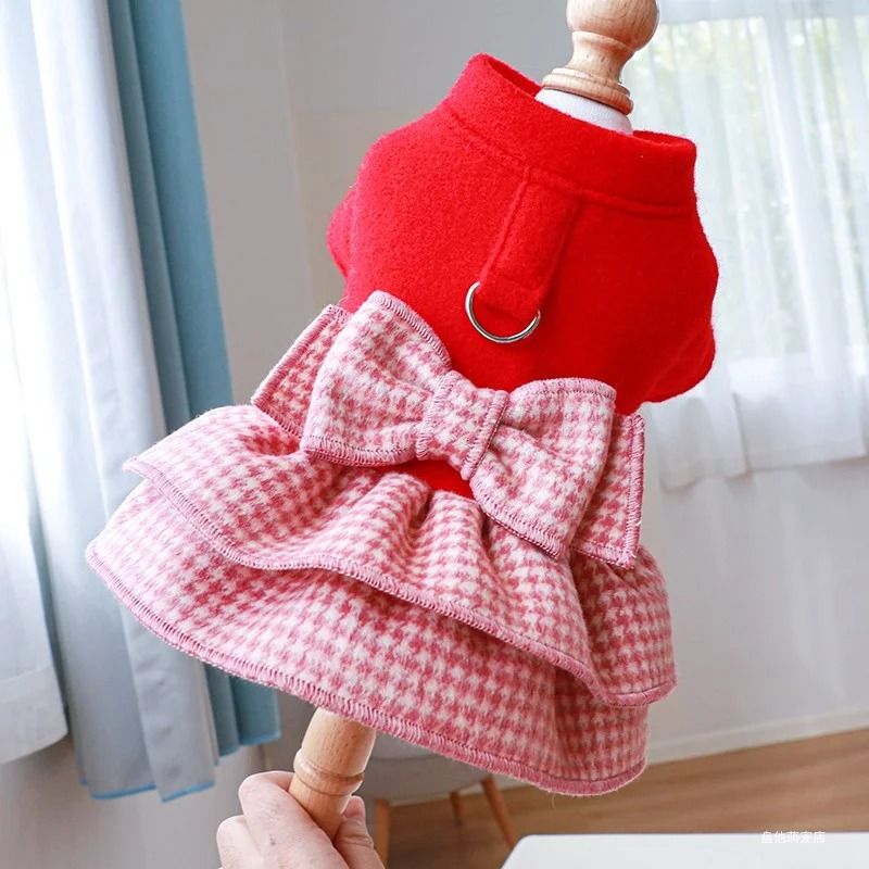 Cozy Red Princess Pet Dress with Traction Buckle for Autumn and Winter