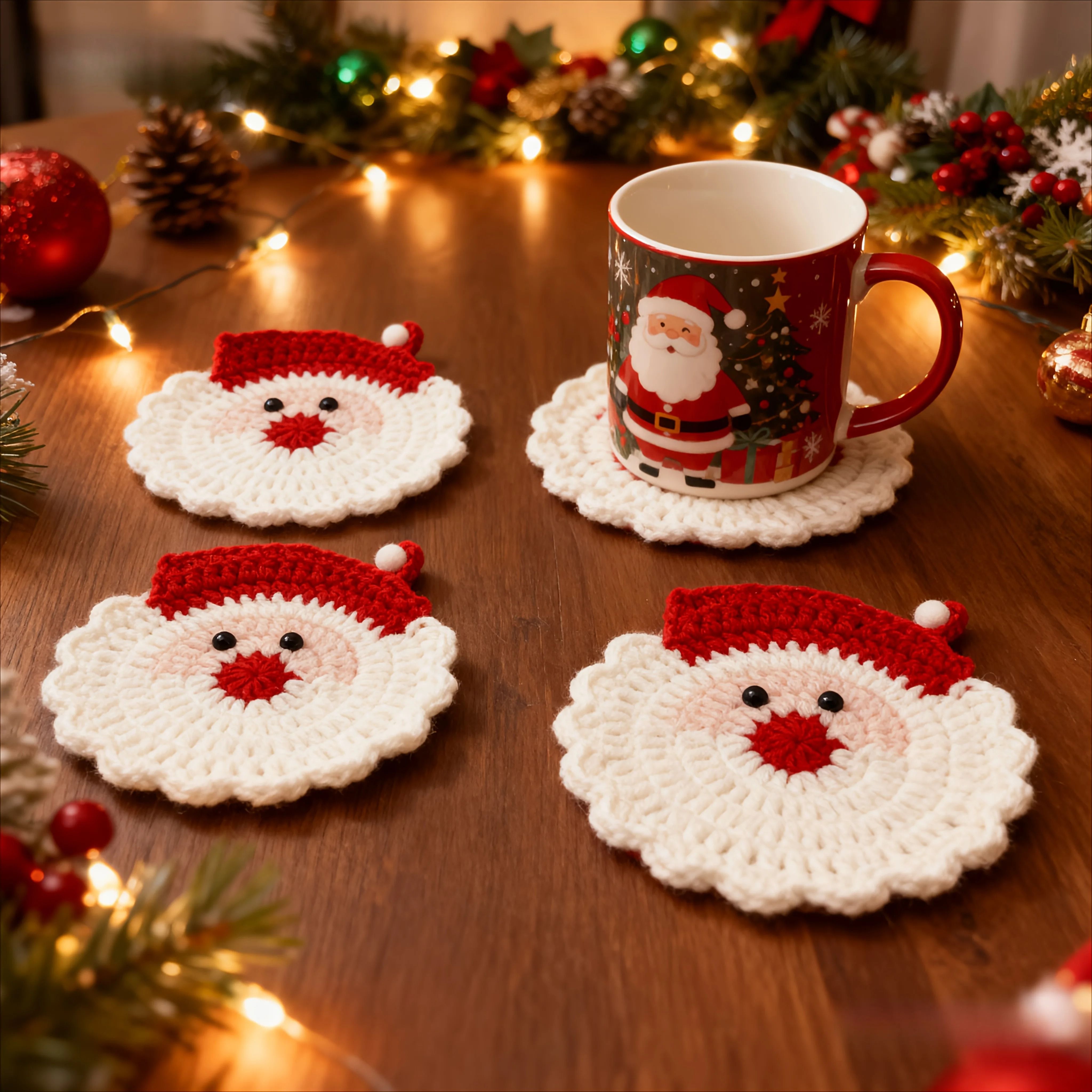 Handmade Crochet Santa Claus Holiday Coasters Set