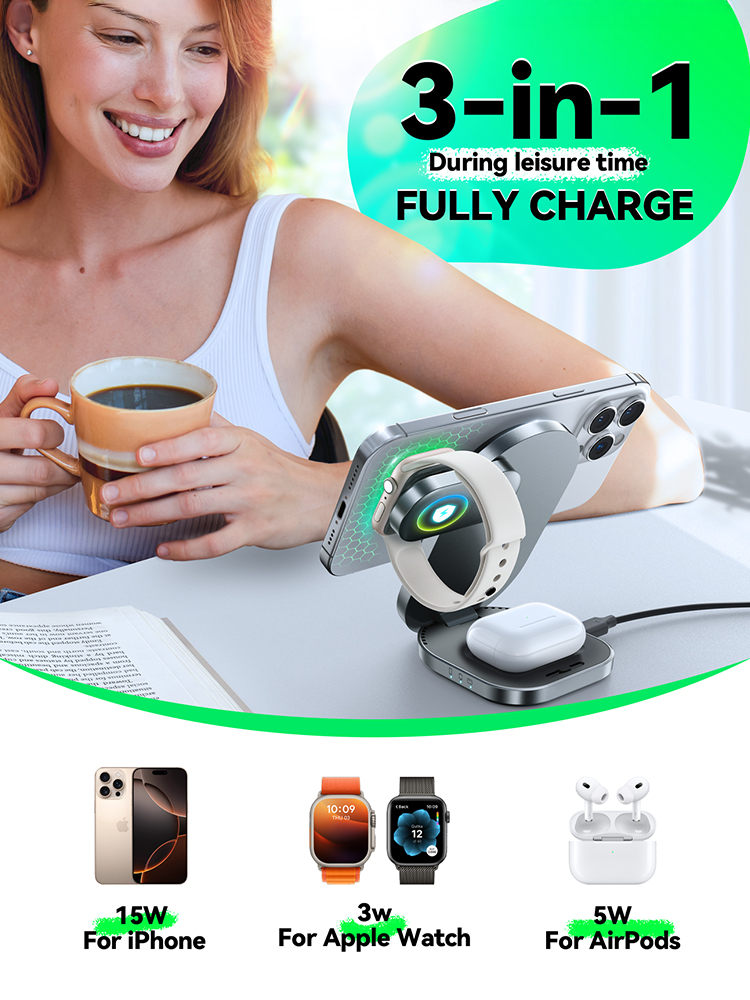 Foldable Qi2 3 in 1 Wireless Charging Station, Fast Wireless Charger Stand, iPhone & Apple Watch