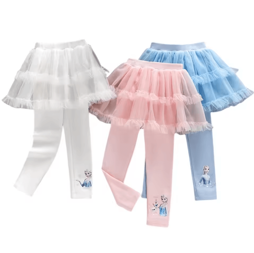 Magical Frozen Elsa Tulle Leggings for Girls – Soft Stretch Girls Princess Leggings with Cute Skirt Layer