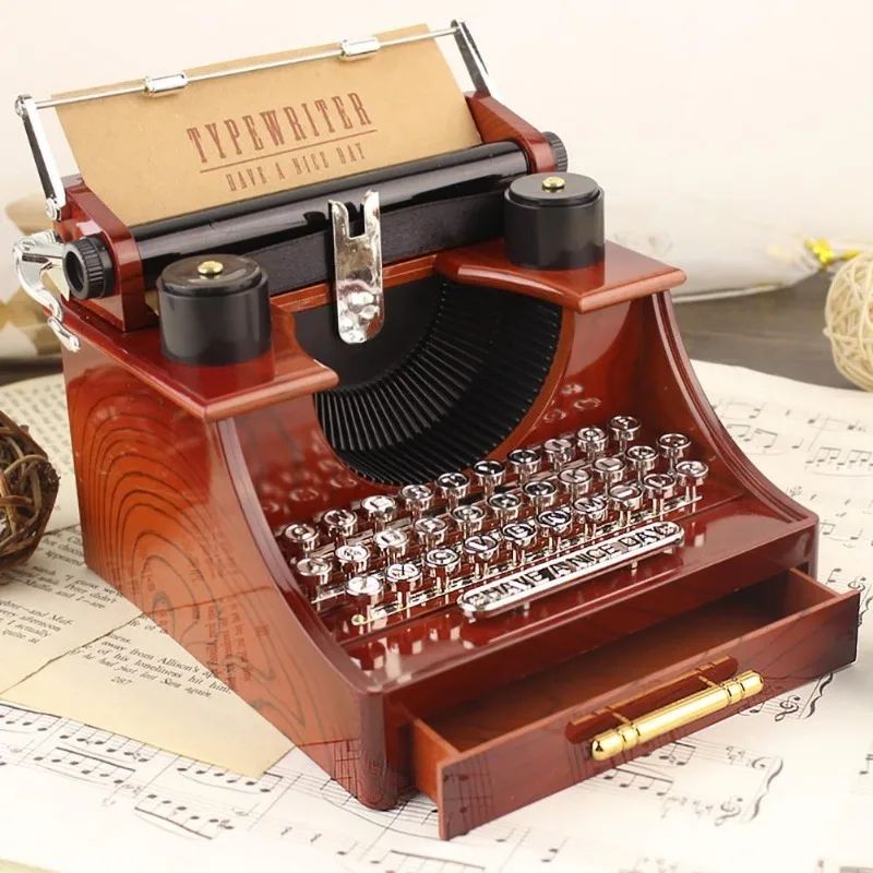 Retro Typewriter Music Box Wooden Desktop Decor