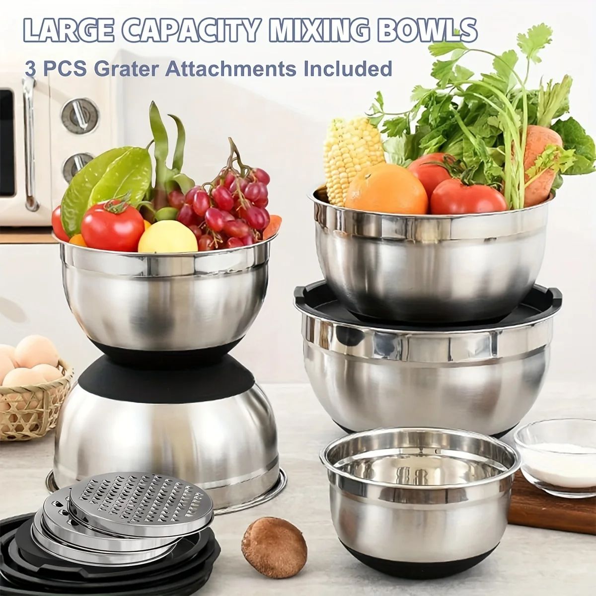 8pcs Mixing Bowls with Airtight Lids Stainless Steel Mixing Bowl Set with Non-Slip Bottoms, Black Bowls for Baking