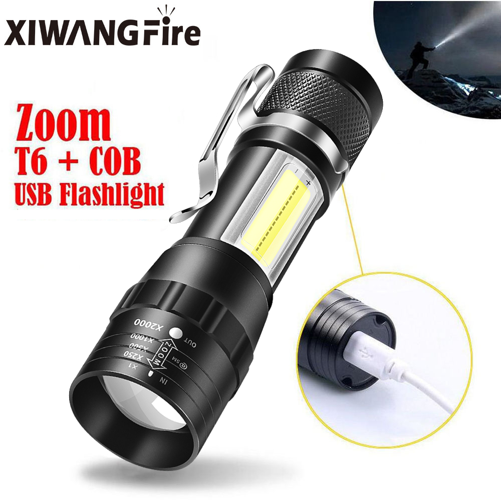 COB LED Flashlight Rechargeable, Waterproof, Zoomable Mode Torch with Built In Battery
