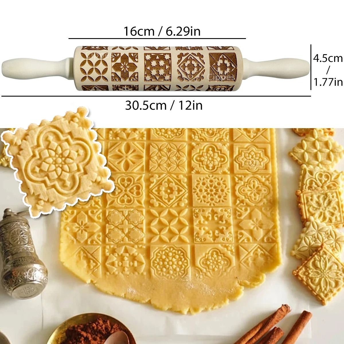 Christmas Wooden Rolling Pin with Reindeer Pattern Embossed Cookie Roller