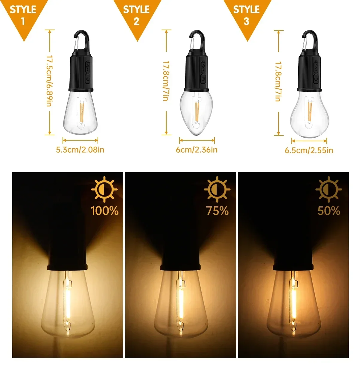 Portable LED Camping Light with Type C Charging Waterproof Lantern for Hiking & Fishing, Warm Light Lamp with Hook