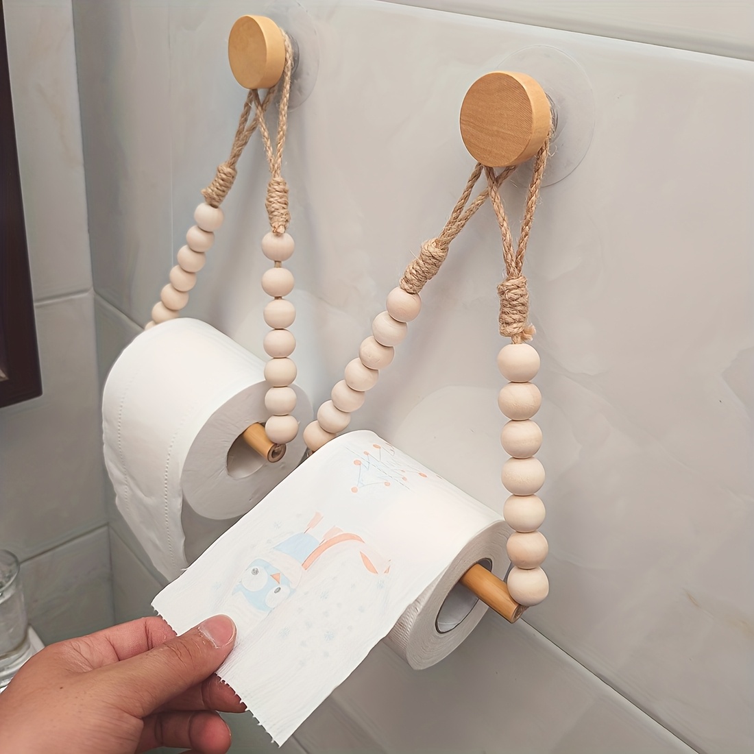 Rustic Wood No-Drill Toilet Paper Holder with Jute Cord & Beads Adhesive Wall-Mounted Paper Dispenser Organizer