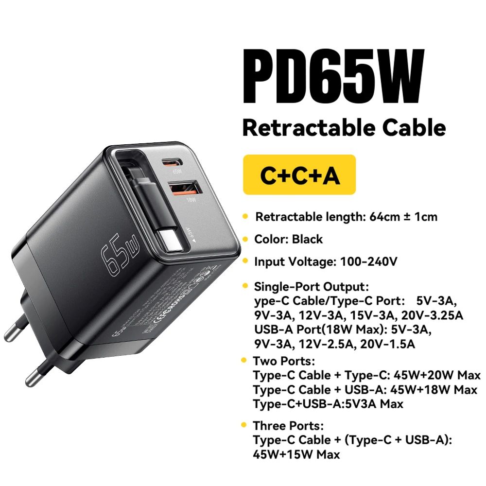 Essager 65W GaN Charger with Retractable Cable – PD Fast Charging USB-C Laptop & Phone Power Adapter