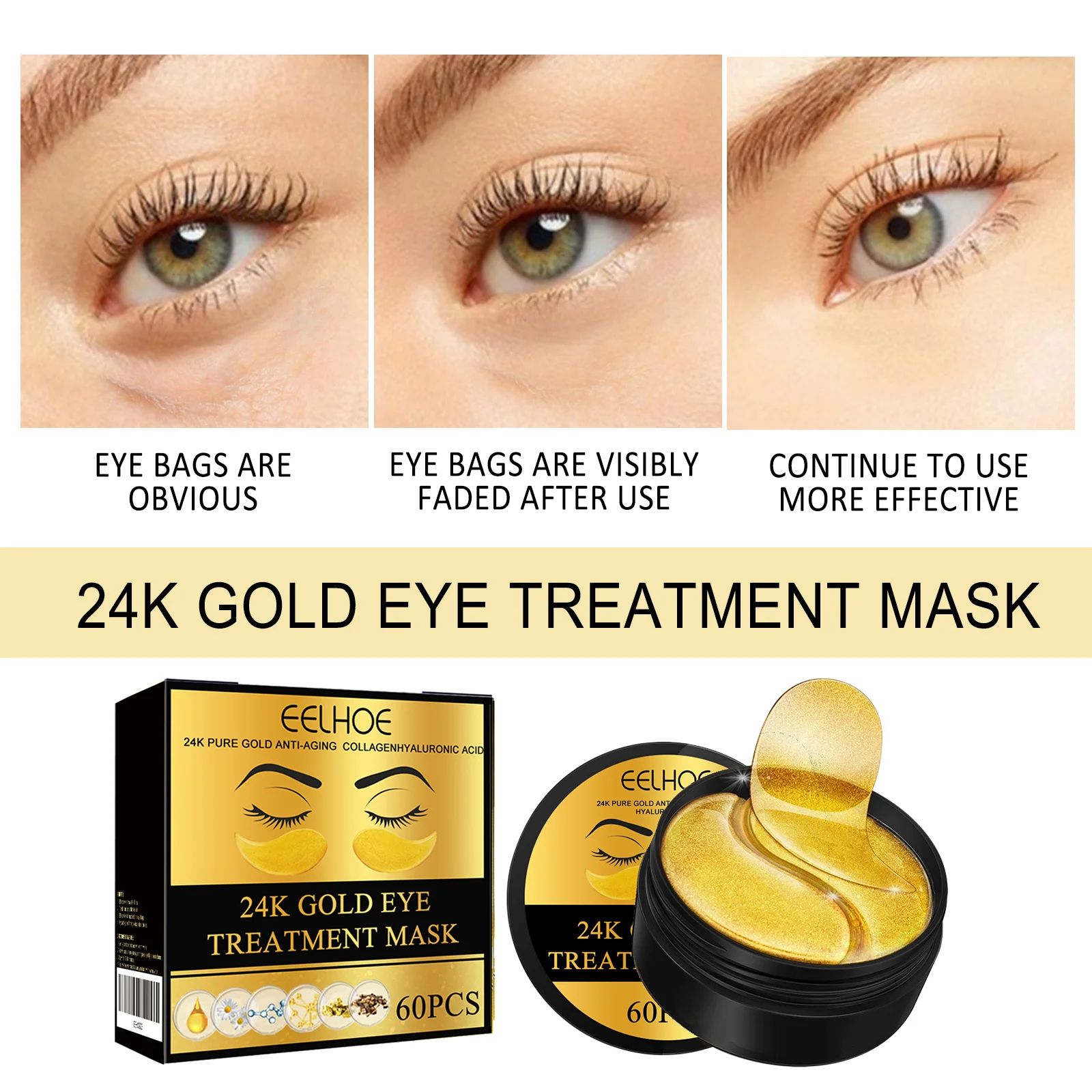 24K Gold Eye Radiance Hydrating Firming Eye Patches – 60pcs Anti-Dark Circles Under Eye Skincare Treatment