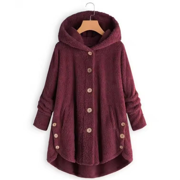 CosyHood Wool Blend Hooded Womens Coat, Warm Autumn Winter Solid Colour Plush Jacket