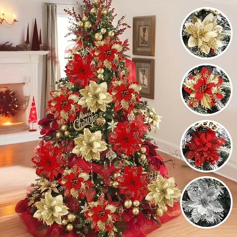 Glitter Artificial Flowers 14cm Fake Christmas Flowers Tree Ornament Holiday Decoration