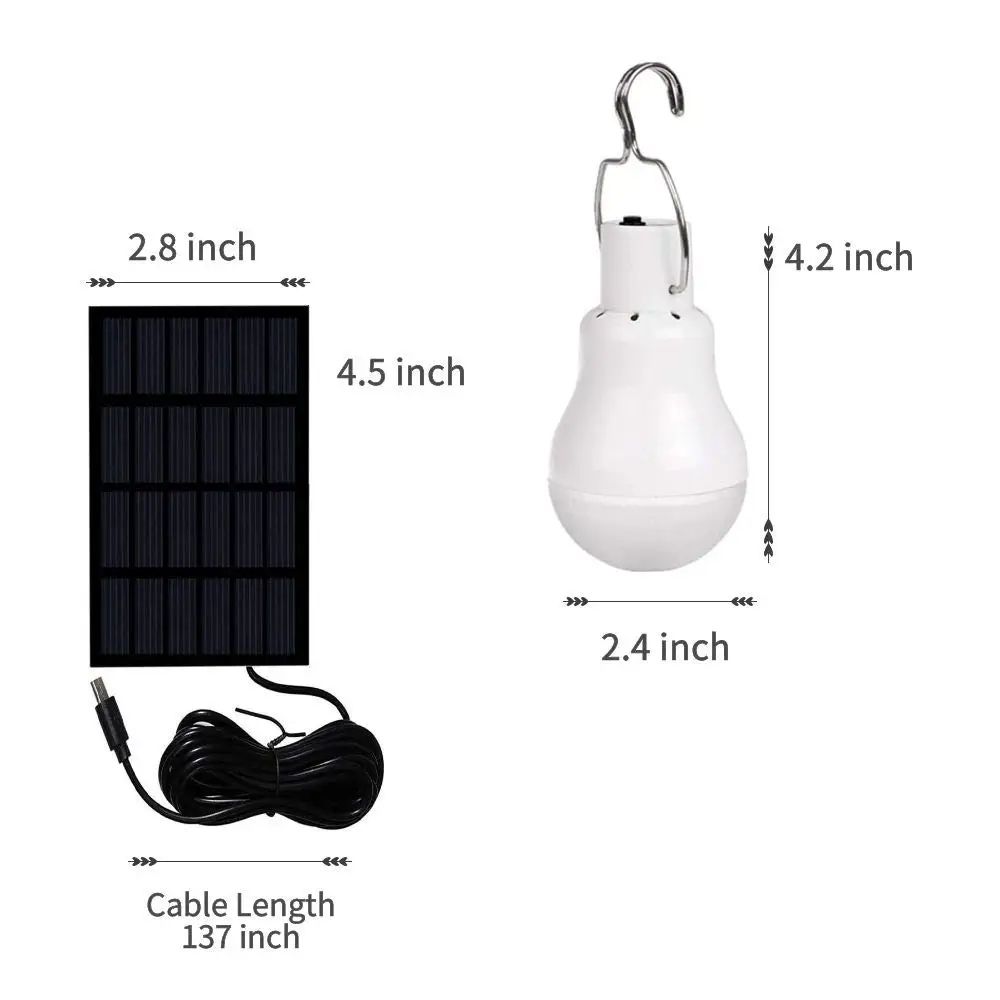 Solar Rechargeable Light Bulb with USB 5V Charging and Hanging Hook
