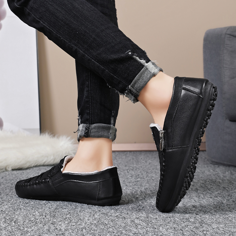 Plush Winter Leather Casual Shoes, Comfortable Loafers, Lightweight Driving Slip-on Shoes for Men, Lazy Shoes