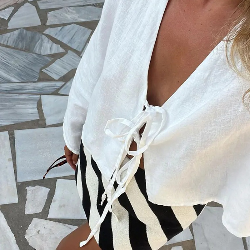 Elegant V-Neck Bow Shirt for Women with Long Flare Sleeves Stylish Spring & Summer High Street Top