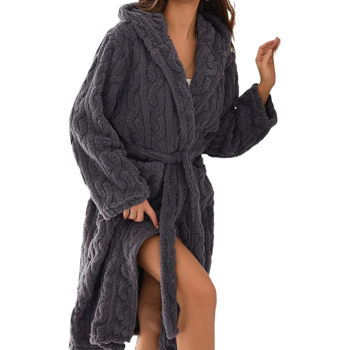 Pink Flannel Coral Fleece Hooded Winter Robe Long Womens Bathrobe