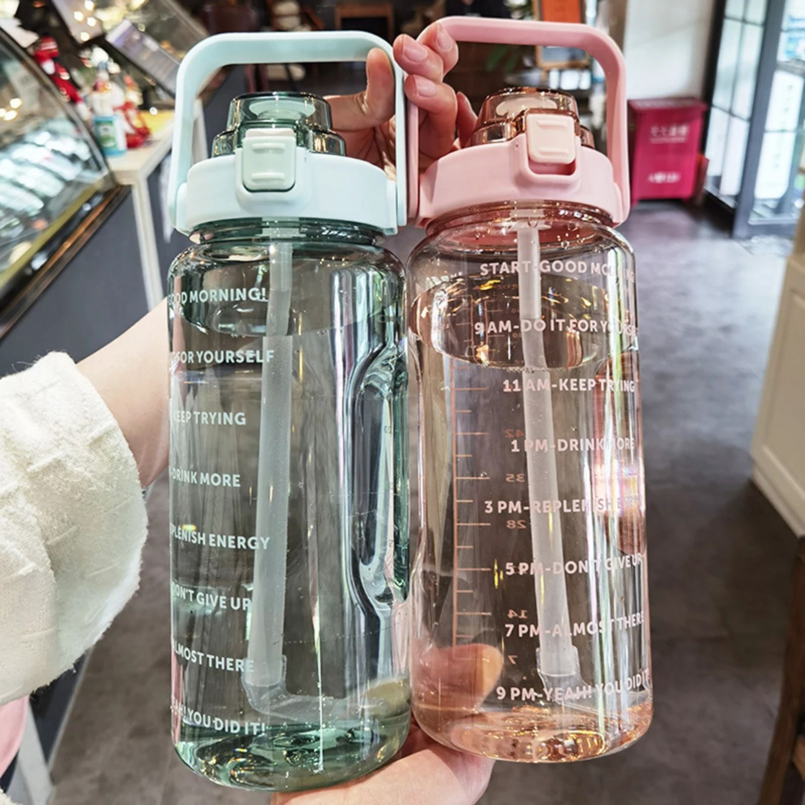 Large Capacity Sports Water Bottle with Straw and Scale for Running Cycling and Fitness