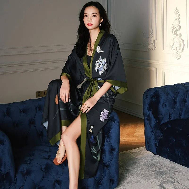 Black Floral Print Long Robe Set – Professional Rayon Kimono & Sexy Summer Nightgown Loungewear