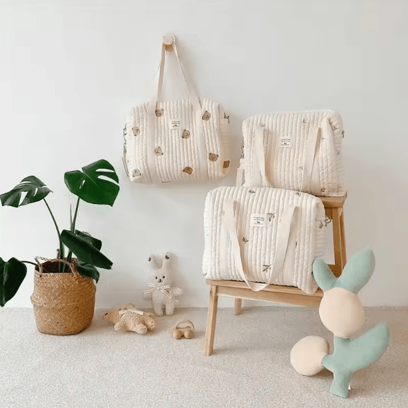 Korean-Style Quilted Diaper Bag with Elegant Embroidery & Large Storage