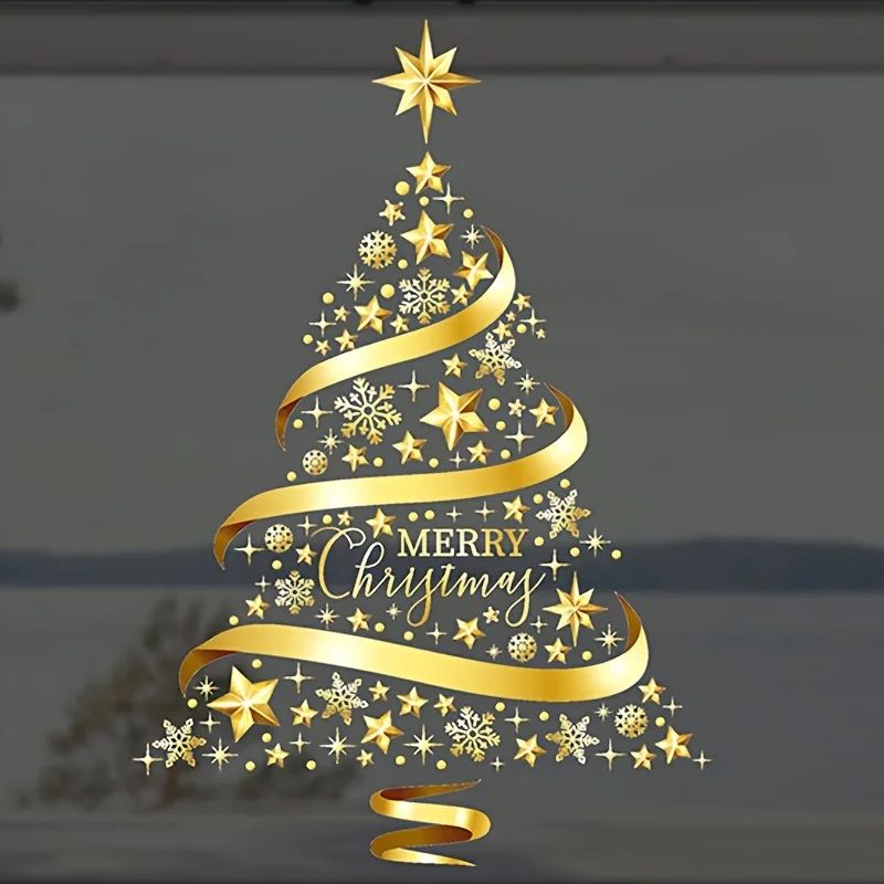 Golden Christmas Garland Window Stickers – Festive Snowflake Glass Decals for Holiday Decor