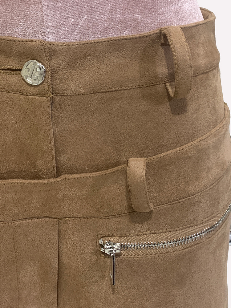 Luxury Designer European Clothes, Spring Double Waisted Long Khaki Stretchy Suede Faux Leather Pants with Zipper Style