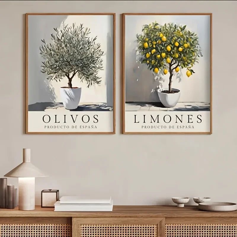 Elegant Olive & Lemon Botanical Canvas Wall Art for Living Room & Bedroom Decor