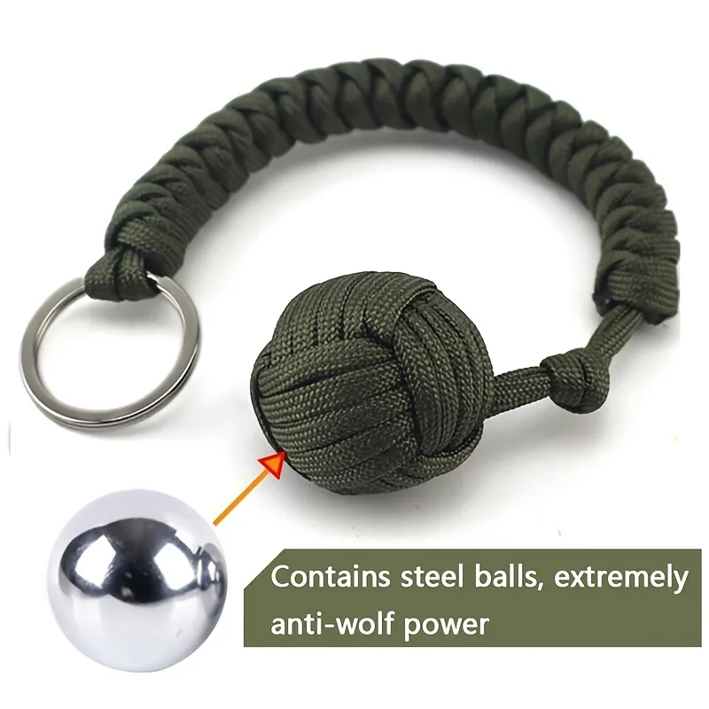 Outdoor Self-Defense Umbrella Rope with Monkey Fist Steel Ball Paracord Survival Key Chain for Safety and Protection