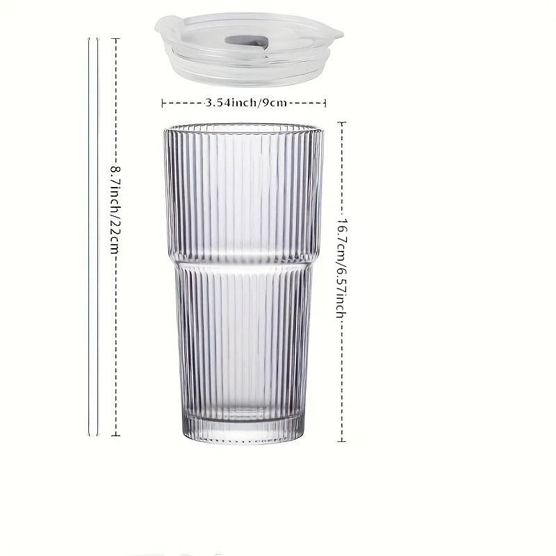 Large Stripe Glass Coffee Cup with Lid and Straw