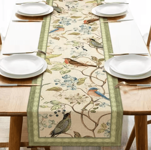 Vintage Floral Bird Linen Table Runner – Farmhouse Summer Garden Dining Decor