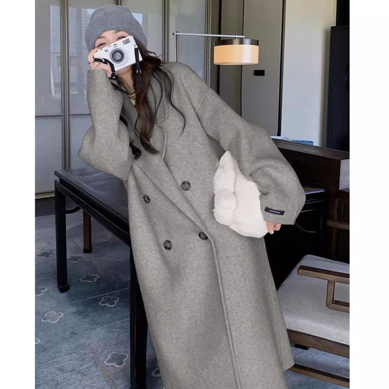 Autumn Winter Women Woolen Coat, Elegant Purple Apricot Mid-Long Jacket, Sweet Lady Chic Style Thermal Outerwear