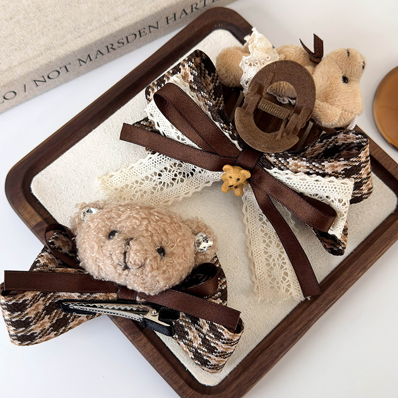 New autumn and winter checkered bow headband, cartoon fabric teddy bear clip hair clip, shark clip hair clip