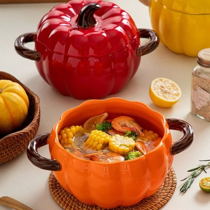 Ceramic Pumpkin Soup Pot with Lid – Creative Halloween Soup & Noodle Bowl