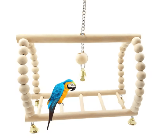Wooden Parrot Swing & Climbing Toy with Bells – Hanging Ladder Playstand Hammock