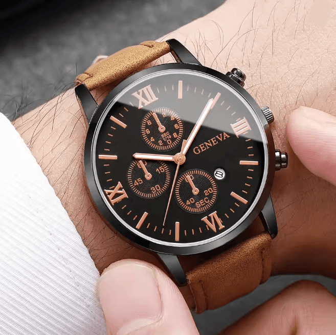 Mens Roman Dial Quartz Watch Leather Band Business Style