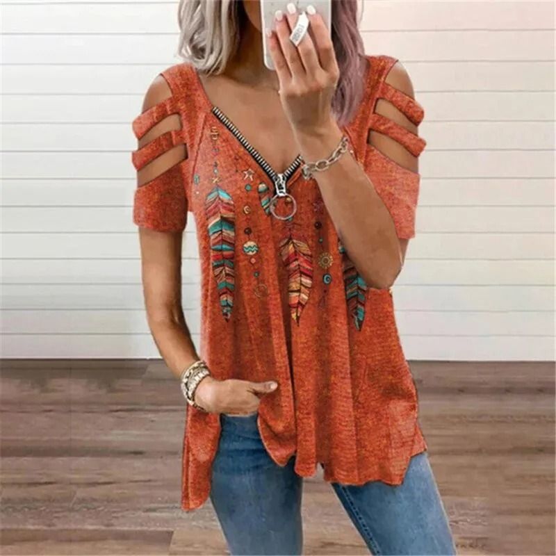 Summer Cold Shoulder Leopard Print Zipper V Neck Loose Casual Blouse
