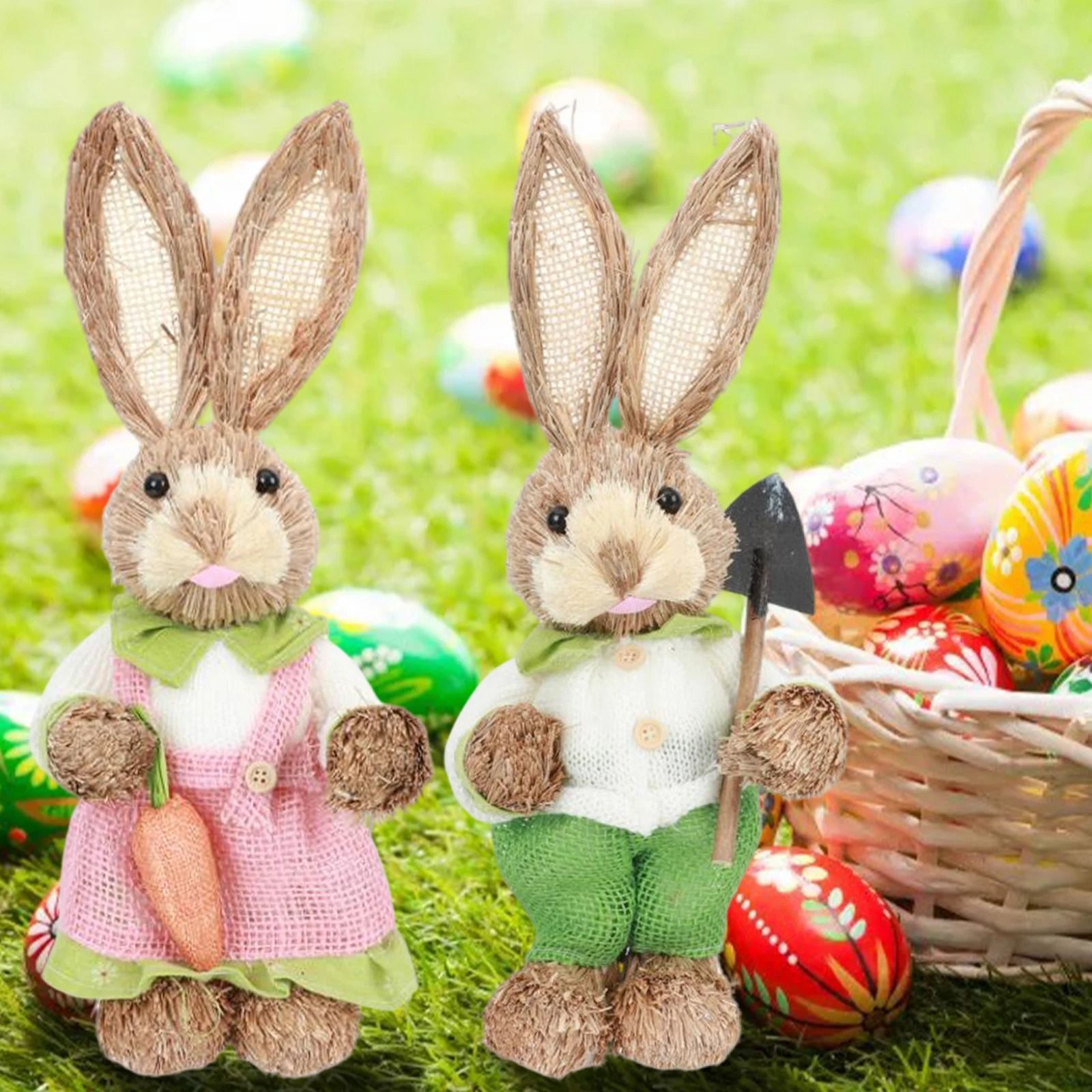Easter Straw Rabbit Duo – High-Definition Artisanal Botanical Sculptures