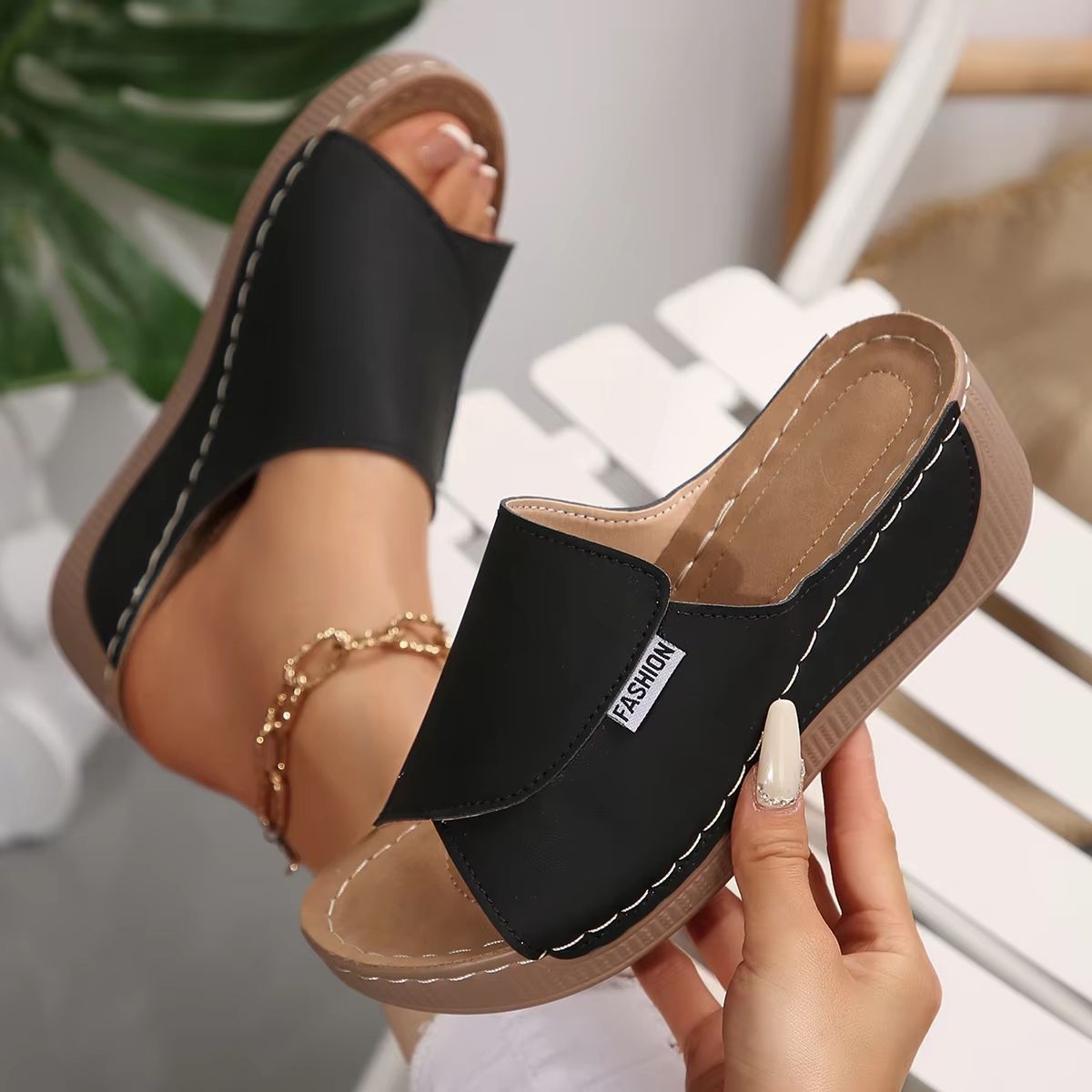 Women's Summer Wedge Slippers – Breathable Open Toe Fashion Slides with Adjustable Buckle