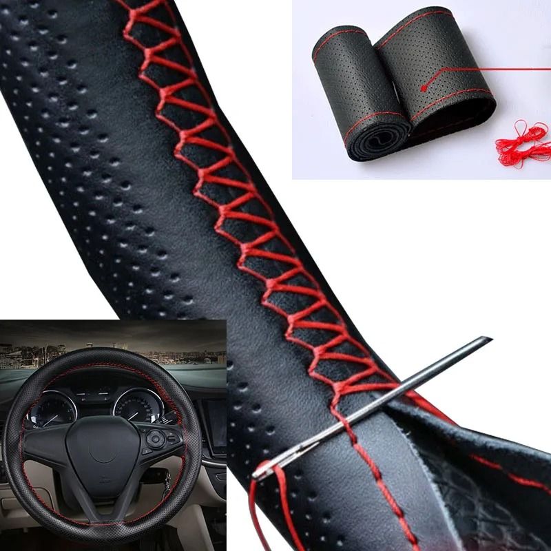 Car Steering Wheel Cover Set Artificial Leather DIY Stitch Thread Trio Color