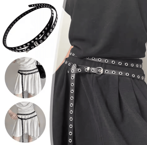 Double Circle PU Leather Belt for Women Thin Studded Punk Waist Belt