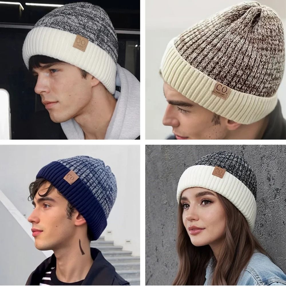 Unisex Two Tone Winter Fur Lined Beanie Hat